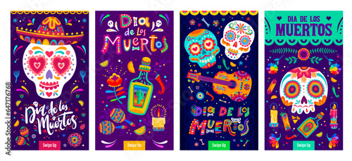 Dia De Los Muertos Mexican holiday banners, Day of Dead calavera sugar skulls in sombrero, vector background. Mexican fiesta holiday guitar, maracas and tequila with chili pepper and candles