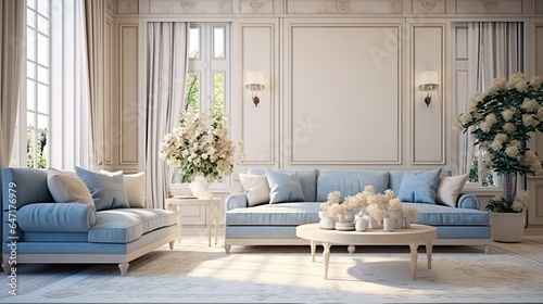 Beige and blue sofa next to the window in a classic room Modern living room interior design