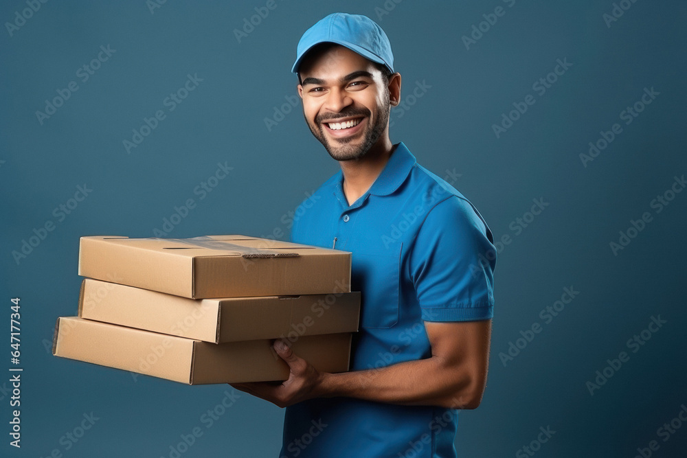 Young deliveryman smiling and holding pizza boxes in hand Young deliveryman smiling and holding pizza boxes in hand