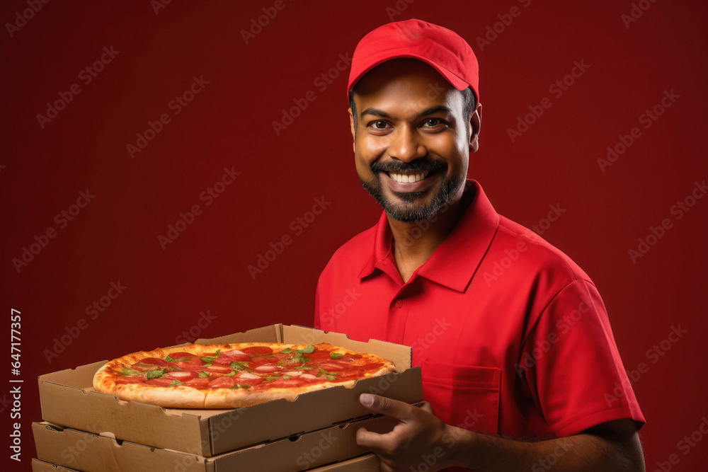 Young deliveryman smiling and holding pizza boxes in hand