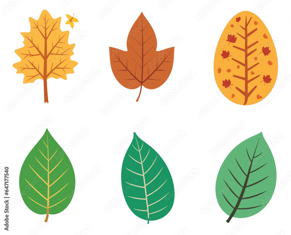 Vector set of Illustrator icons of fresh and dry leaves, nature cartoon style, flat 2D icons in pastel colors, eco friendly.