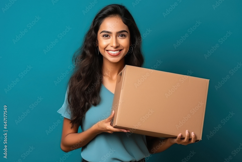Young woman holding box in hand and giving happy expression Young woman holding box in hand and giving happy expression