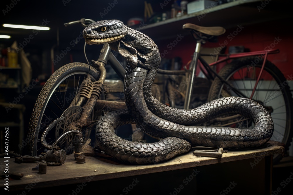 Obraz premium A snake coiled around a bicycle handlebar in a garage, its sinuous body contrasting with the metal.