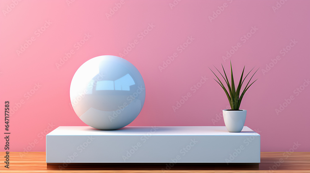 Abstract minimalist background white sphere and potted green plant in front of pink colored backdrop.