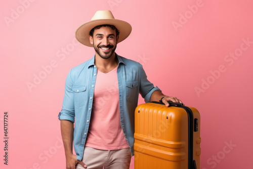 Young man traveler wearing hat and carrying suitcase