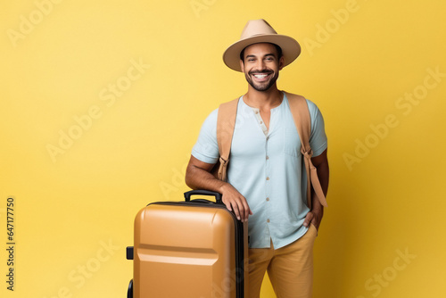 Young man traveler wearing hat and standing with suitcase trolley.