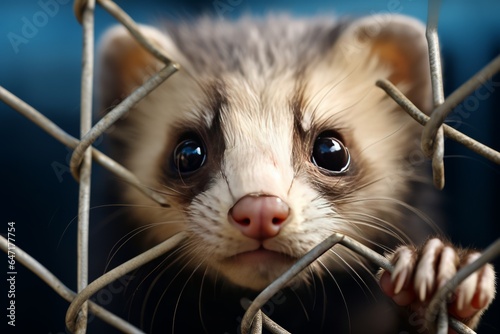 A caged ferret curiously peering out from between the metal wires of its enclosure.