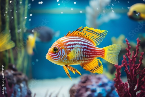 A colorful tropical fish swimming in a small aquarium, its movement restricted by the glass walls.