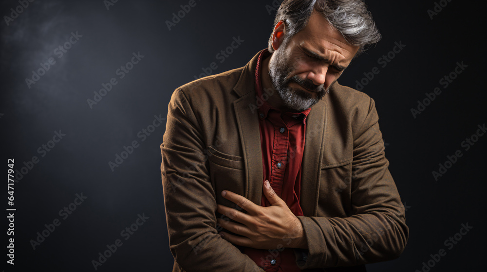 Close-up of a man experiencing liver pain against a gray backdrop. Close-up of a man experiencing liver pain against a gray backdrop.