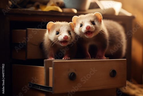 A pair of ferrets playfully chasing each other through the empty drawers of a dresser.