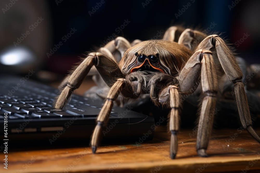 A tarantula resting on a laptop keyboard in a home office, its hairy ...