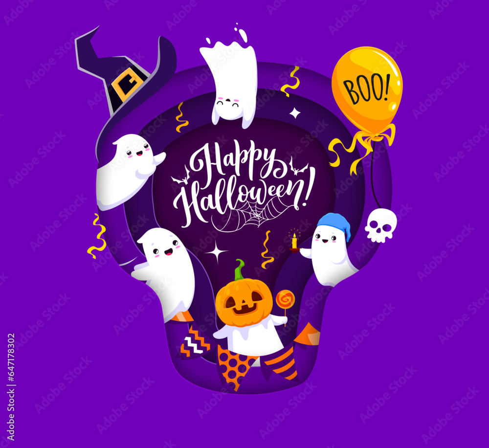 Naklejka premium Halloween paper cut skull shape banner with cute kawaii ghosts. 3d vector border with cartoon funny spooks, pumpkin, witch hat, balloon, confetti and garland inside of layered wavy papercut frame