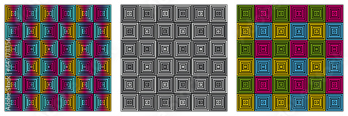 3 gammes de couleurs d’un motif de forme géométrique carré avec un effet psycadélique pour une impression sur du tissu ou sur du papier.