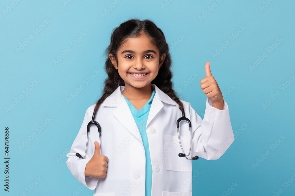 Cute indian little girl child showing thumps up in doctor uniform. Cute indian little girl child showing thumps up in doctor uniform.