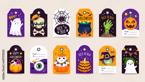 Halloween gift tags. Isolated vector badges with cute ghost, skull, spider and cauldron. Zombie hand, jack lantern, painted pumpkin, sweets and witch. Set of decorative festive cards for presents