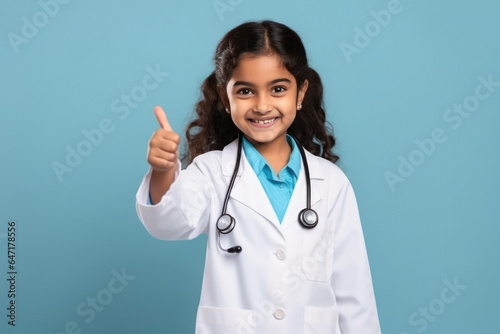 Cute indian little girl child showing thumps up in doctor uniform.