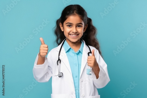 Cute indian little girl child showing thumps up in doctor uniform.