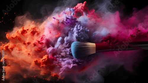 Makeup brush and colorful cloud of smoke isolated on black background.