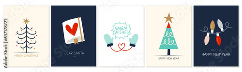 Set Christmas cards with Christmas tree, wreath, christmas elements. Vector illustrations