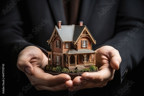 Male holding house toy in hand. real estate concept.