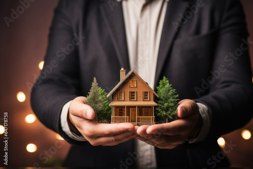 Male holding house toy in hand. real estate concept.