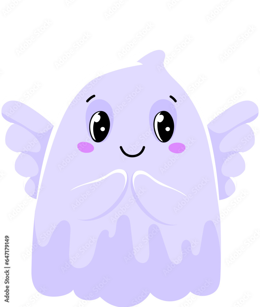 Cartoon cute Halloween kawaii ghost angel character. Isolated vector spook with white wings, halo, rosy cheeks, and an endearing smile, radiating a gentle and whimsical aura of innocence and sweetness Cartoon cute Halloween kawaii ghost angel character. Isolated vector spook with white wings, halo, rosy cheeks, and an endearing smile, radiating a gentle and whimsical aura of innocence and sweetness