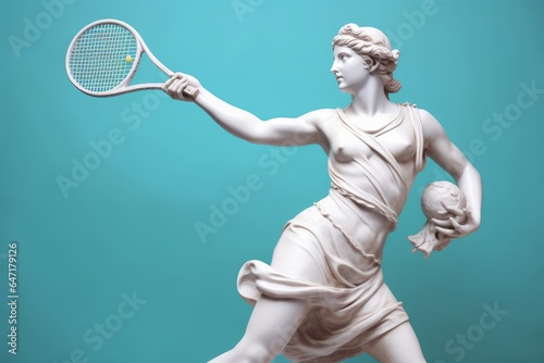 Marble statue of an ancient Greek goddess doing sports on pastel background. Baseball player sculpture. Beauty standards, ideal body, sports activity, Generative AI