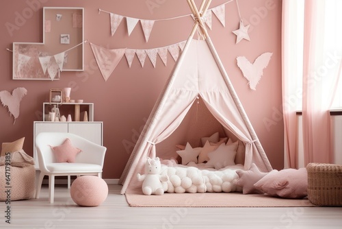 Pink colored baby nursery with cradle and play tent in scandinavian style. Baby girl bedroom. Generative AI