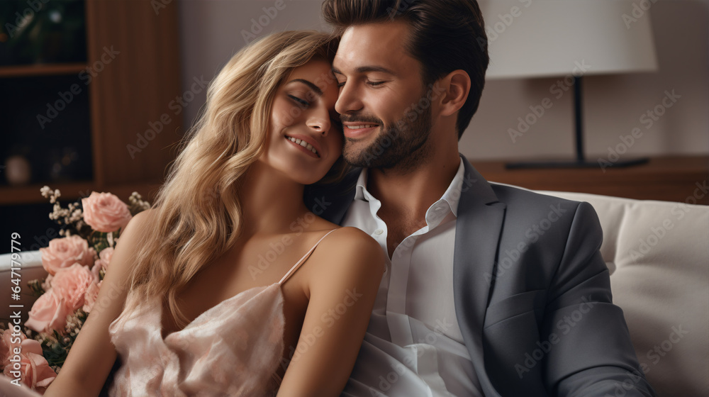 A young couple, homeowners in their comfy flat, embrace on the sofa for a candid and affectionate photoshoot capturing their genuine bond A young couple, homeowners in their comfy flat, embrace on the sofa for a candid and affectionate photoshoot capturing their genuine bond