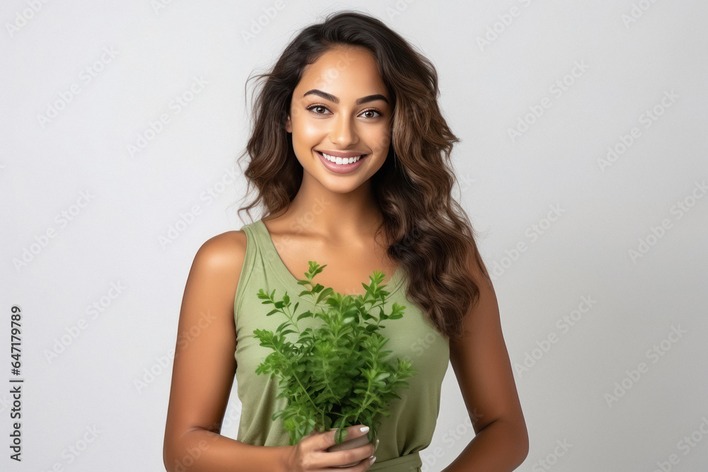 Young woman holding plant in hand