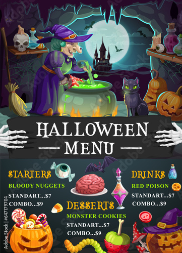 Halloween holiday menu template with cartoon spooky witch character cooking brew in cauldron. Vector background listing ghoulish delights, festive snacks and meals, starters, desserts and drinks