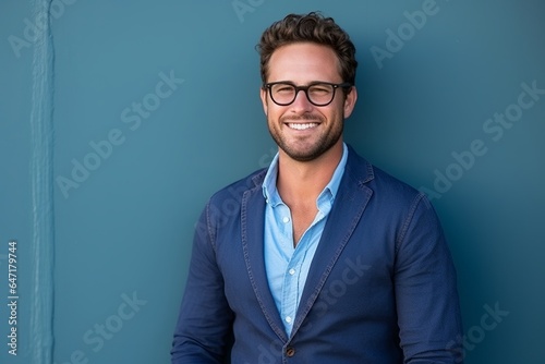 Portrait of a handsome young man smiling with glasses against blue background