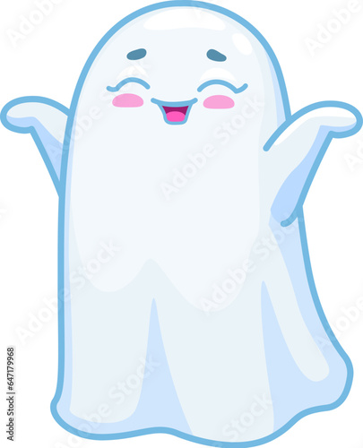 Halloween kawaii ghost character. Cartoon cute vector spook with a big smile, and a playful expression adds a delightful and charming touch to the spooky season. Sweet funny and adorable baby spirit