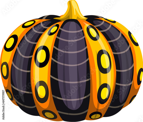Halloween cartoon painted pumpkin with holiday ornament combining spooky and cheerful elements for a unique and playful seasonal decoration. Isolated vector gourd decorated with stripes and dots