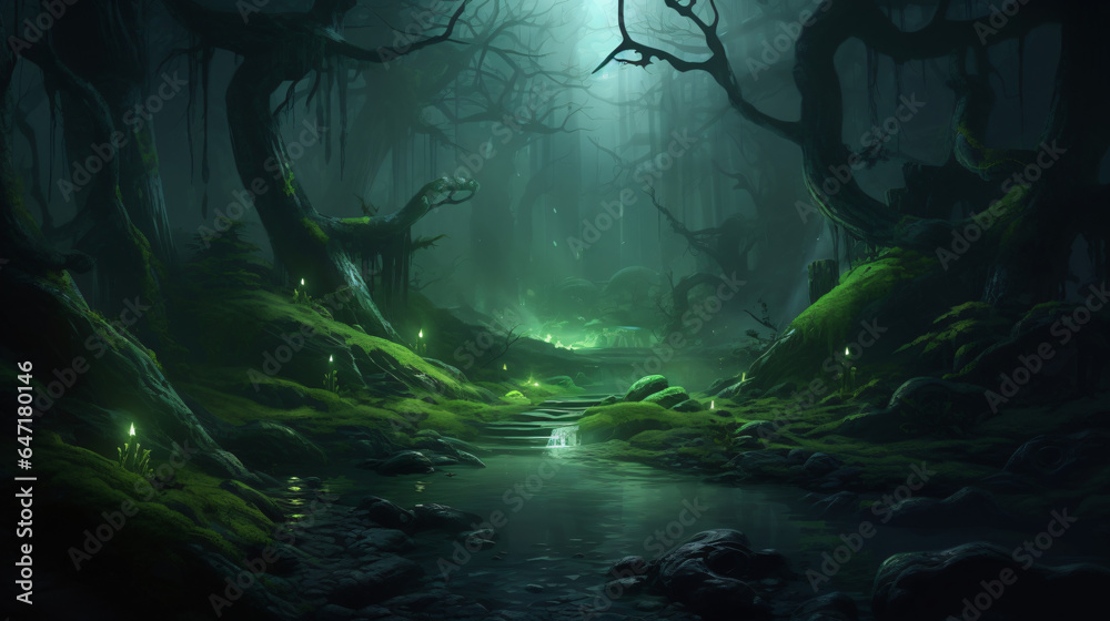 Deep Forest. Fantasy Backdrop. Concept Art. Realistic