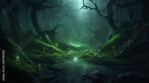 Deep Forest. Fantasy Backdrop. Concept Art. Realistic