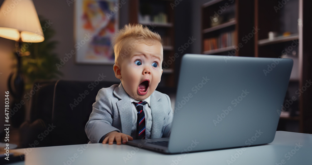 Surprised cute kid staring at laptop screen in office. Copy space Surprised cute kid staring at laptop screen in office. Copy space