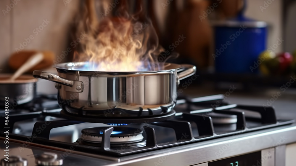 Stainless pan on the hob, cooking on a gas stove Stainless pan on the hob, cooking on a gas stove
