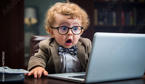 Surprised cute kid staring at laptop screen in office. Copy space