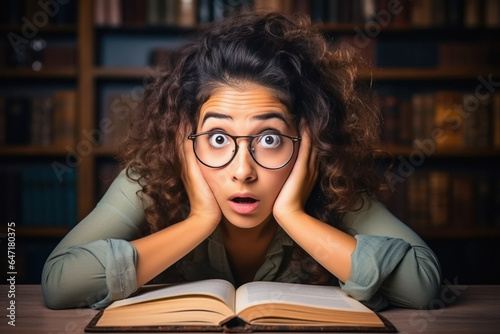 woman reading books and giving shocking expression
