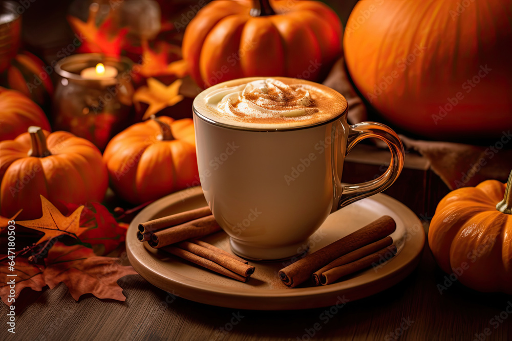 Autumn coffee latte in cup and pumpkins. Cozy autumn beverage. Close up. Generative AI. Autumn coffee latte in cup and pumpkins. Cozy autumn beverage. Close up. Generative AI.