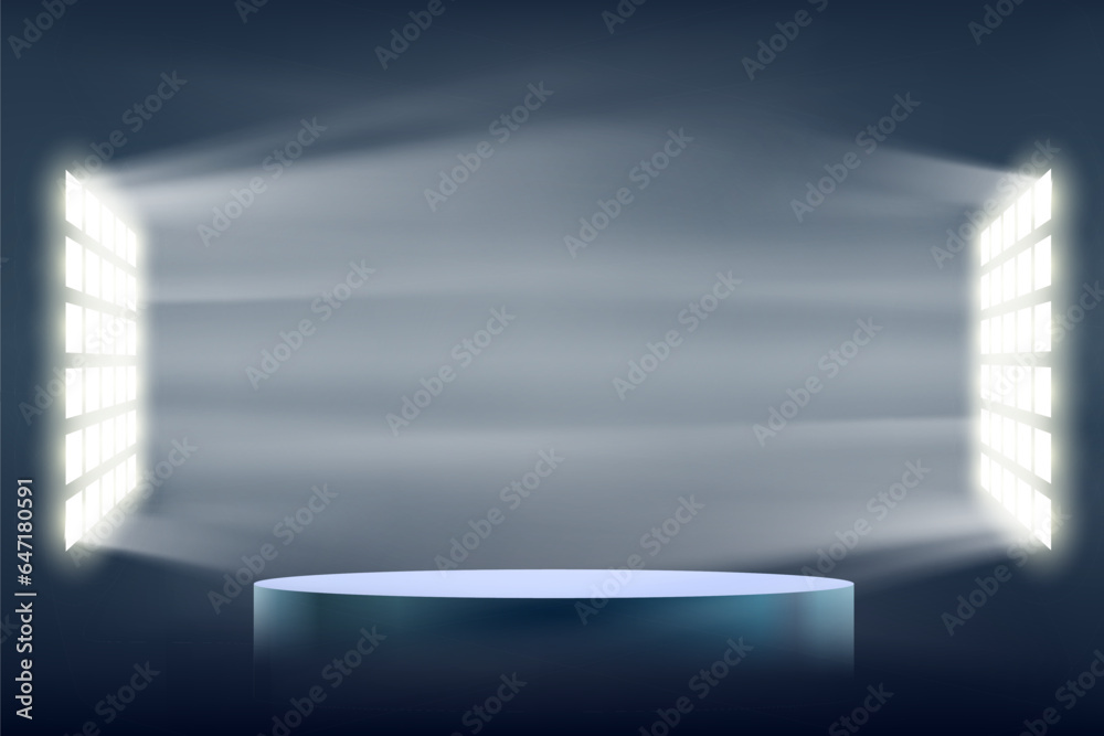Obraz premium Podium or stage illuminated by spotlights. Template for presentation on a dark background. Vector illustration