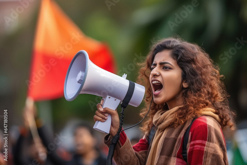 Young woman screaming in megaphone