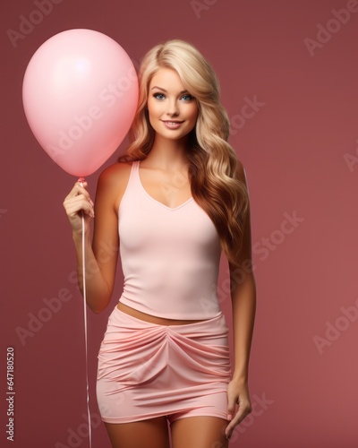 Portrait of an attractive blonde with blue eyes wears a pink tank top and shorts. Isolated girl is holding a pink balloon. Dark pink background.