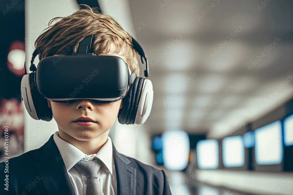 Concepto de educación y entretenimiento. Tecnología e innovación. Chico en traje de negocios con gafas de realidad virtual en la escuela o universidad. Ai generado. Concepto de educación y entretenimiento. Tecnología e innovación. Chico en traje de negocios con gafas de realidad virtual en la escuela o universidad. Ai generado.