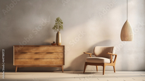 Interior of minimal living room with wooden chair, chest of drawers and vase with flowers near the wall, extremely modern and minimalistic style, grunge wallpaper, window light, Generative AI.
