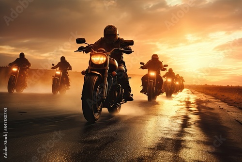 Group of bikers man riding speed motorcycle on empty motion road against beautiful golden sunset with dusky sky. Motorbike riding fast and having fun driving during sunset. © Stavros