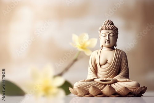 Buddha statue in meditation with lotus flower on light neutral background. Selective focus. Meditation, spiritual health, peace, searching zen concept. Generative AI