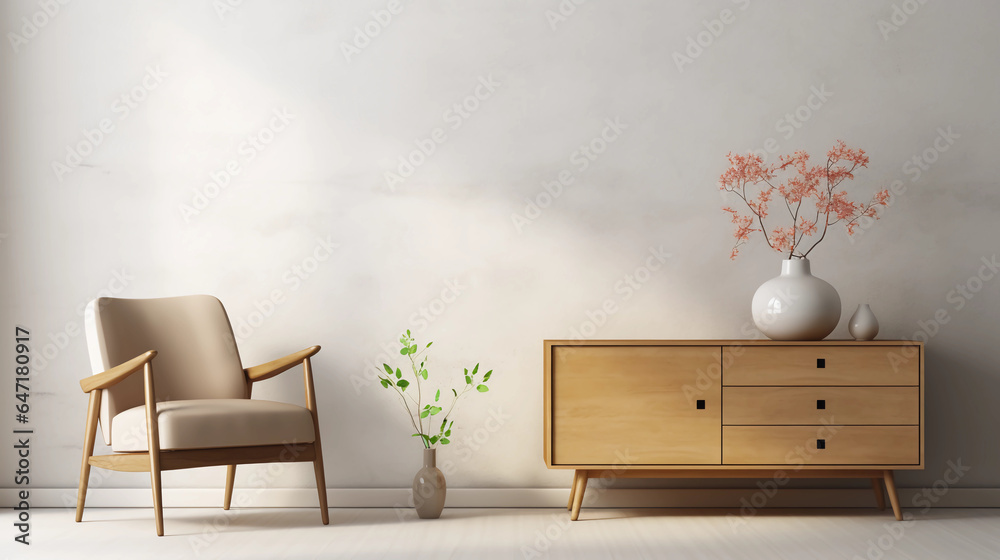 Interior of minimal living room with wooden chair, chest of drawers and vase with flowers near the wall, extremely modern and minimalistic style, white house, moody, window light, Generative AI.