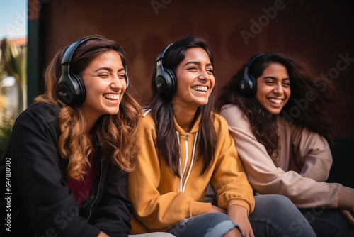 Young college girls listening music together